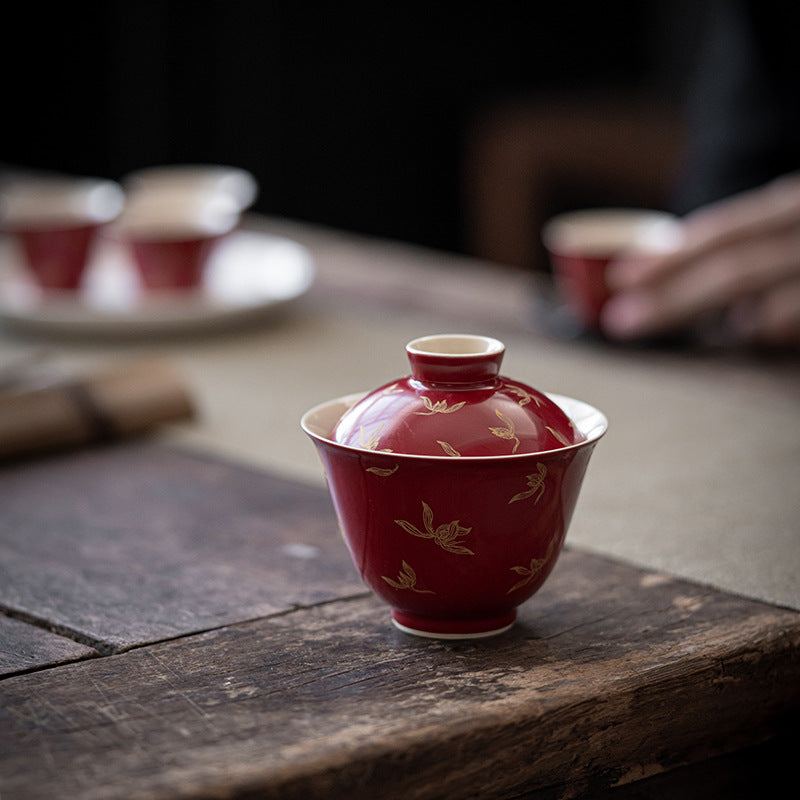Premium Traditional Chinese Ceramic Gaiwan-Lang Hong (Red)