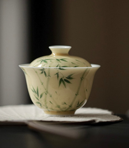 Premium Traditional Chinese Ceramic Gaiwan- Bamboo Hand-Painted